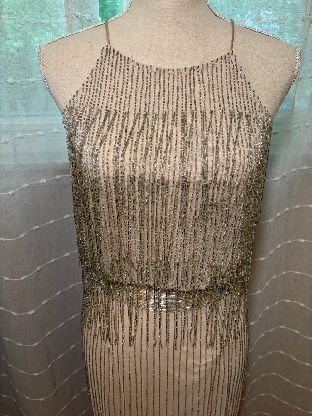 Adrianna Papell Nude Beaded Fringe Halter Evening Dress